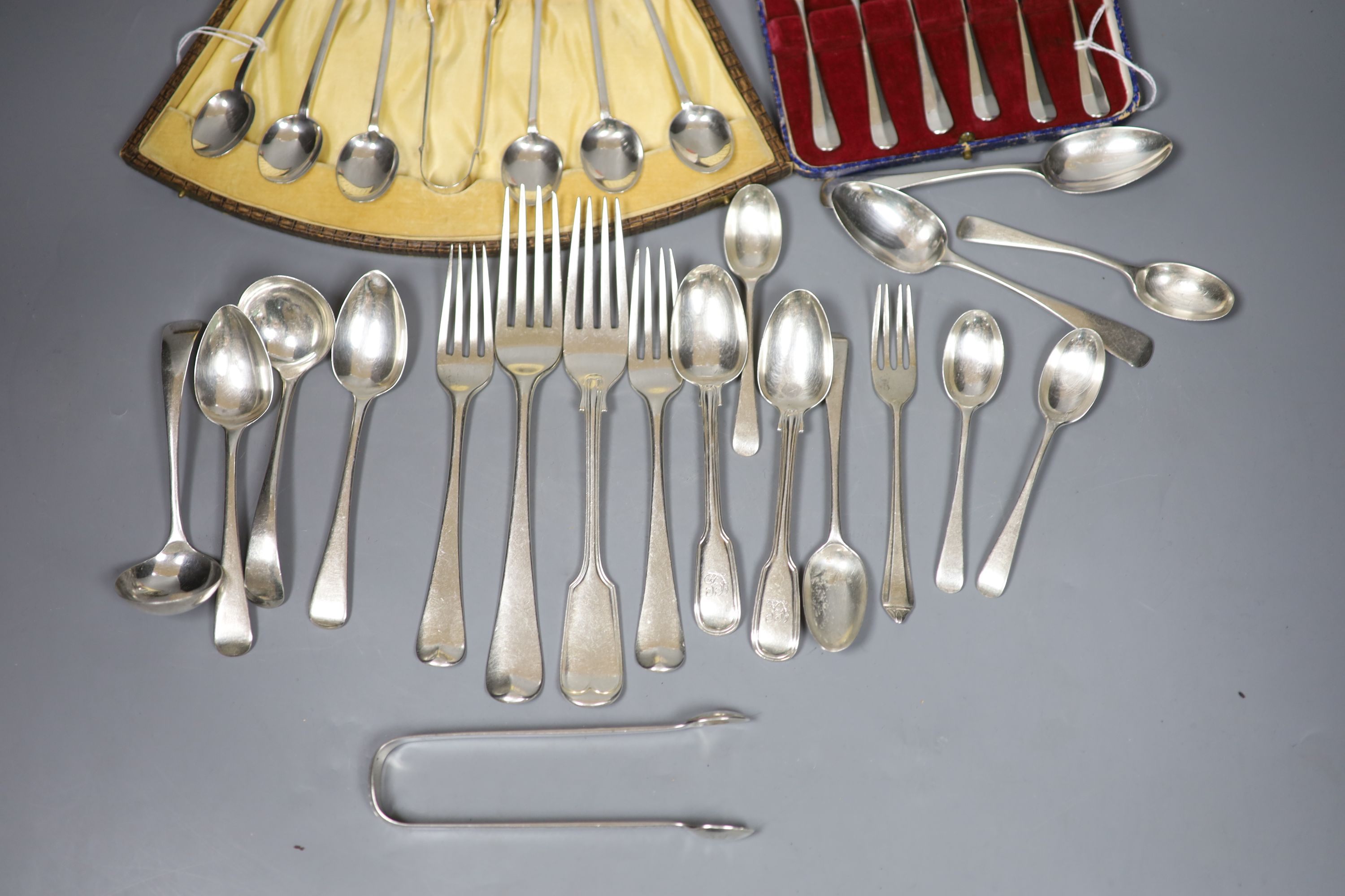 Two sets of silver coffee spoons, cased and miscellaneous Old English pattern and other silver flatware, Georgian and later.